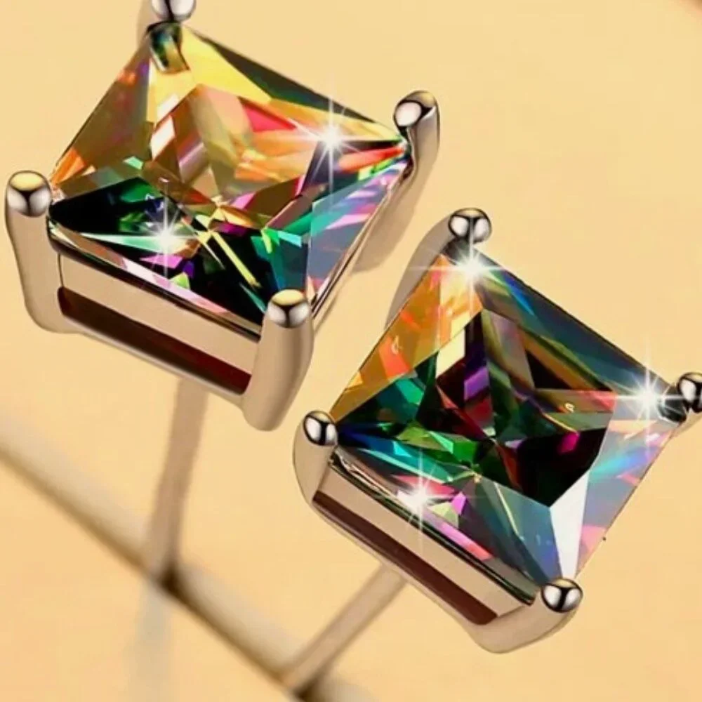 Mystic Rainbow Topaz 3.50CT Princess Cut Earring Pair, 925 Sterling Silver - Picture 2 of 7